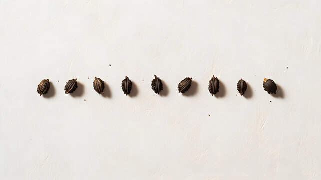 A collection of black cumin seeds placed in a line on a white surface, highlighting their dark color and unique texture.