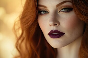 Fototapeta premium A beautiful redheaded woman with long, straight hair, bold gold eye shadow, and dark lipstick posing against an orange background