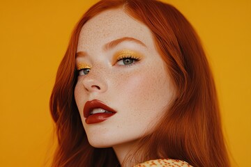 A beautiful redheaded woman with long, straight hair, bold gold eye shadow, and dark lipstick posing against an orange background