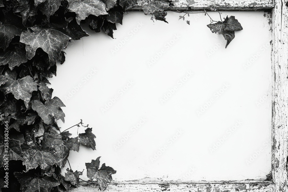 Poster black and white image of a rustic wooden frame adorned with ivy leaves, creating a natural border.