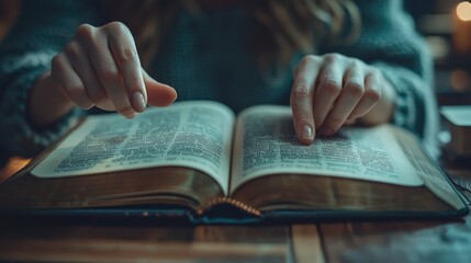 Naklejka premium Serene Reading: Close-Up of Hands on an Open Bible in Cozy Setting