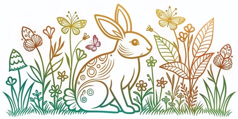 Minimalist Rabbit Laser Cut Template: Hare in Forest Clearing with Mushrooms, Butterflies, Flowers & Grass for Paper Crafts
