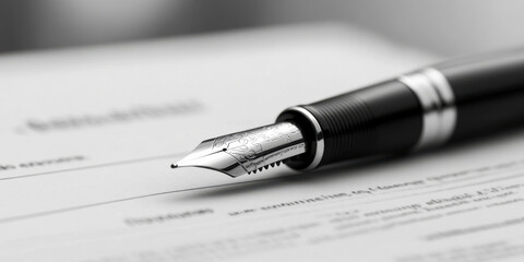 close up of fountain pen resting on document, showcasing its elegant design and fine nib. image conveys sense of professionalism and attention to detail