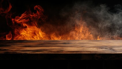 Rustic wooden table with smoke and fire on a dark background, dramatic burning scene