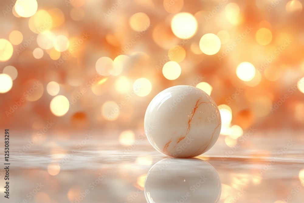 Poster a marble sphere rests on a reflective surface, bathed in warm, bokeh-filled light.