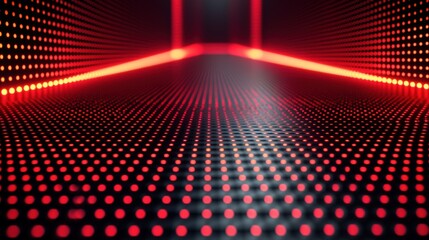 Futuristic LED Light Tunnel with Red Neon Dots and Reflections