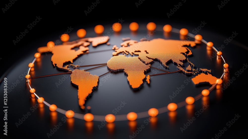 Poster orange geometric world map with connecting nodes and lines