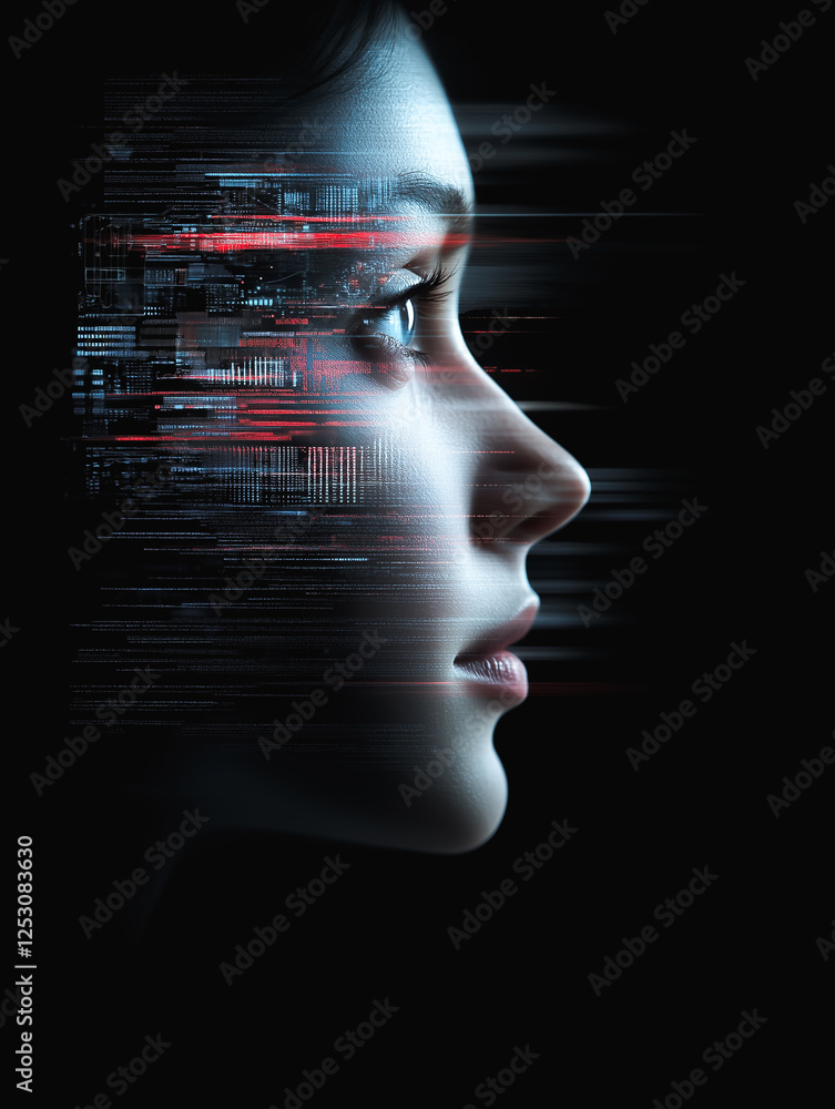 Poster digital consciousness: a young woman's profile is overlaid with streaks of vibrant binary code, crea