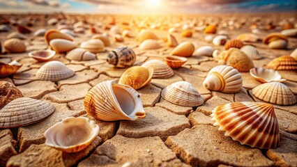 Minimalist Seashell Still Life: Cracked Earth, Sandy Beach, Empty Shells