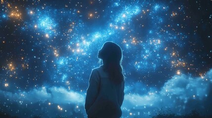 Naklejka premium Silhouetted Figure Gazing into the Expansive, Luminous Universe of Stars and Nebulae