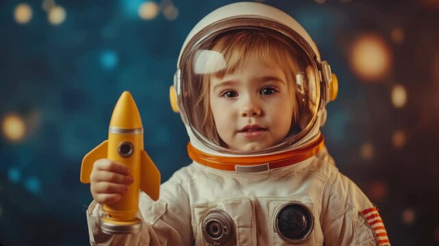 Smiling child astronaut joyfully holding toy rocket while exploring space dreams
