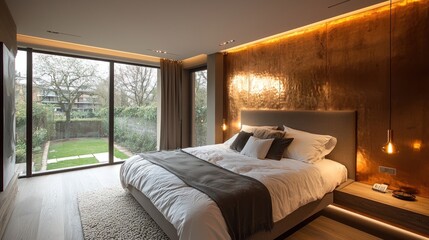 Modern bedroom interior with garden view, ideal for real estate or home decor