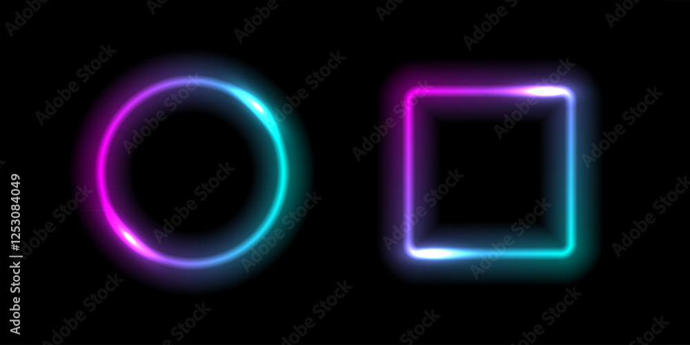 Poster neon glow round and square light frames. abstract light background. colored laser bright round and s