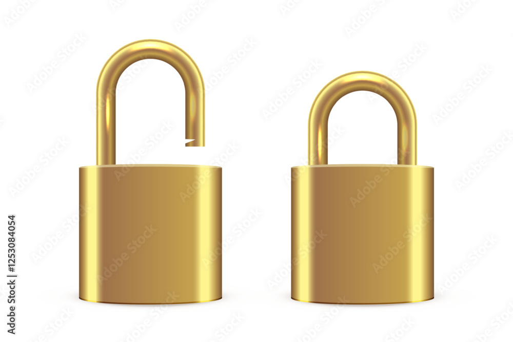 Poster metallic locks set. golden closed and open padlocks isolated on transparent background. safety and s