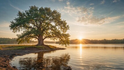 A tranquil lakeside scene at sunset with a majestic tree reflecting its golden rays across the calm water, surrounded by green foliage and a peaceful atmosphere