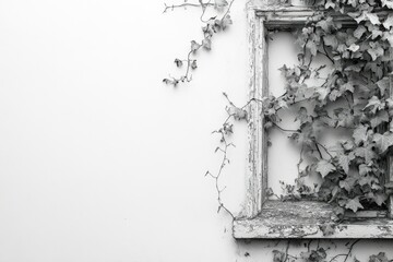 Overgrown ivy clinging to a weathered, white window frame against a stark white wall.