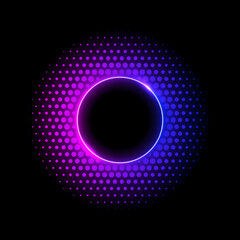 Color dotted round pattern. Neon blue pink frame with halftone effect. Abstract shining background with light glowing elements. Glitter circle ring. Modern futuristic vector illustration.