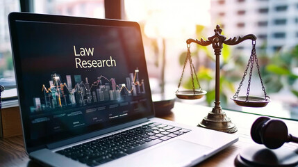 Laptop displaying law research with scales of justice and gavel nearby