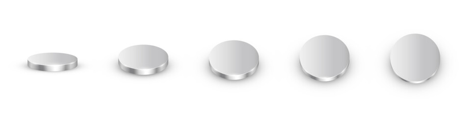 3d silver coins animation. Metal money rotation in different positions. Flip coins vector set isolated on white background. Payments, investment, banking, finance, casino, game icons.