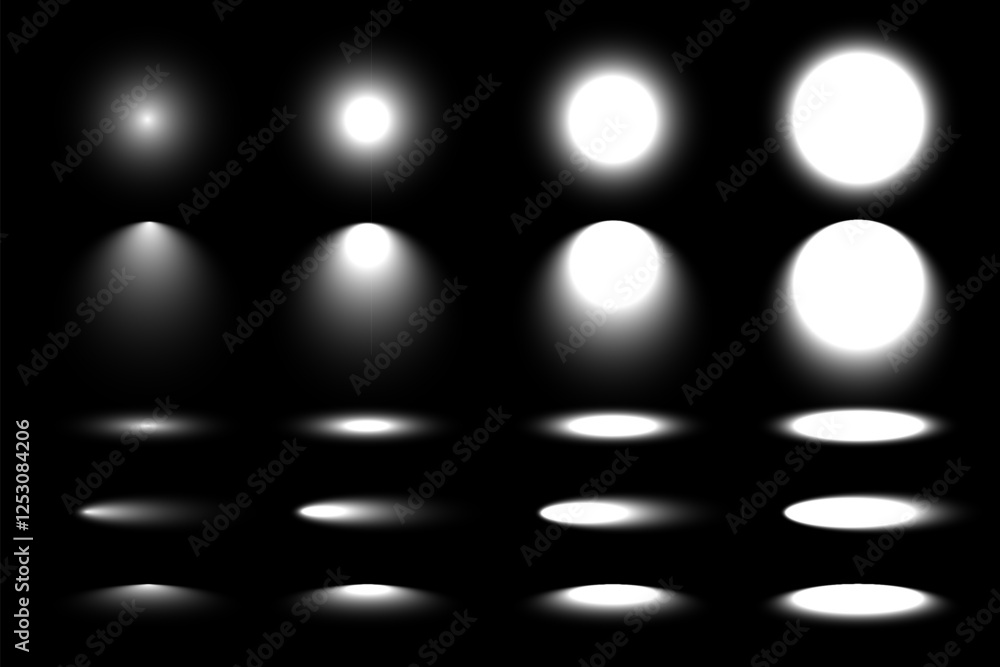 Poster light effects of different circular shapes isolated on black background. spotlights with various int
