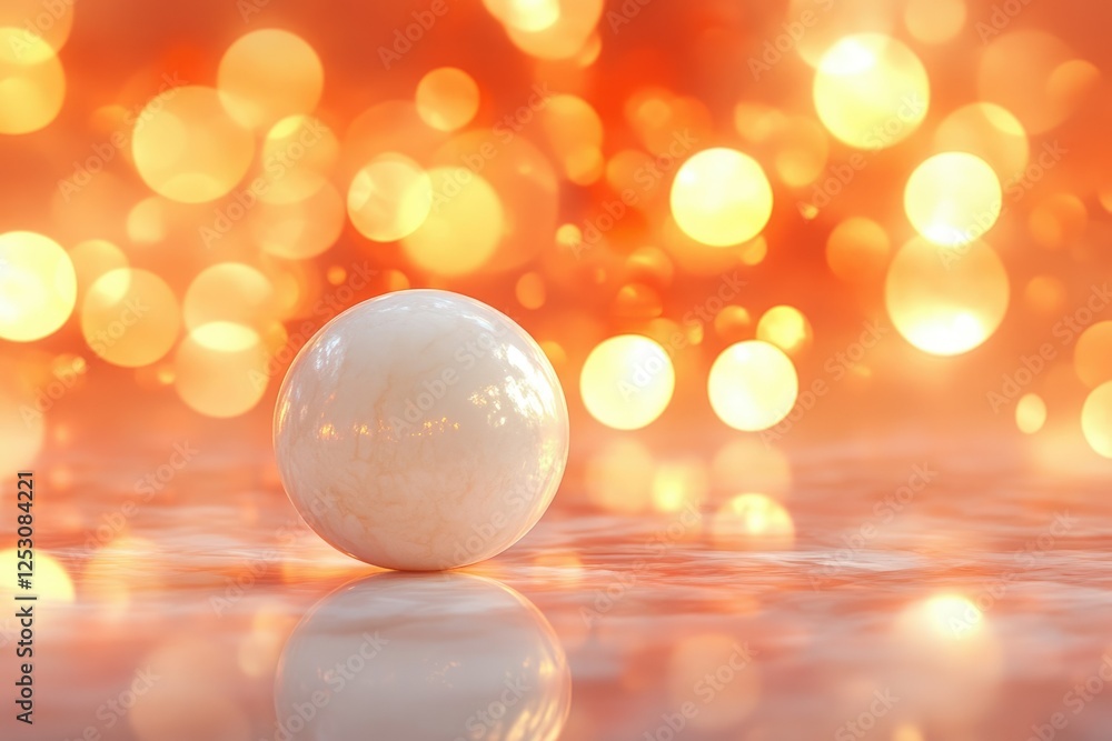 Poster a single, smooth white sphere rests on a reflective surface, bathed in warm, bokeh-filled orange lig