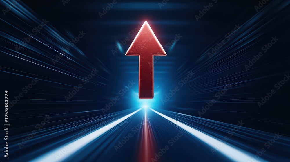 Poster red arrow pointing up in neon light stream with motion blur background