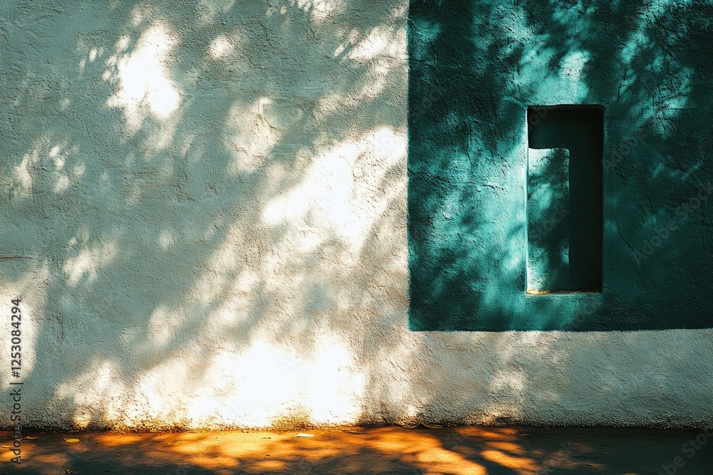 Poster sunlight filters through leaves, casting shadows on a textured wall with a teal section and a rectan