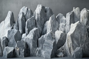 A meticulously arranged collection of grey stones resembles a miniature mountain range, creating a visually striking and textural display.