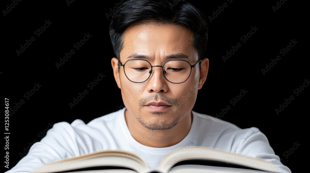 Poster focused man reading book in dimly lit environment with intense expression