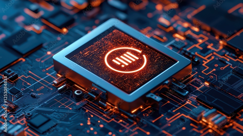 Poster high-tech circuit board with illuminated processor and data symbol