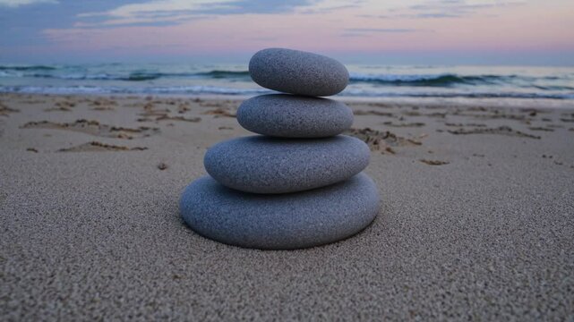 Stack of Zen Stones on a Beach | Static Shot Fixed Camera Movement | Smooth Balanced Stones in Focus | Serene and Tranquil Background | Gentle Waves and Soft Sand | Peaceful Meditative Atmosphere