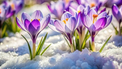 Delicate purple and white crocuses emerge, vibrant spring blooms against a backdrop of winter snow.