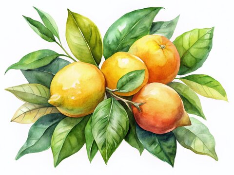 watercolor lemons and oranges with green leaves clip art preview