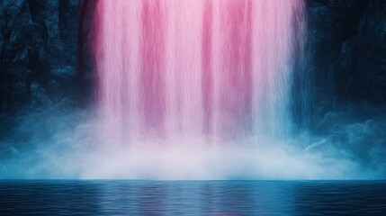 A vibrant waterfall cascading with pink and blue hues, creating a serene atmosphere.