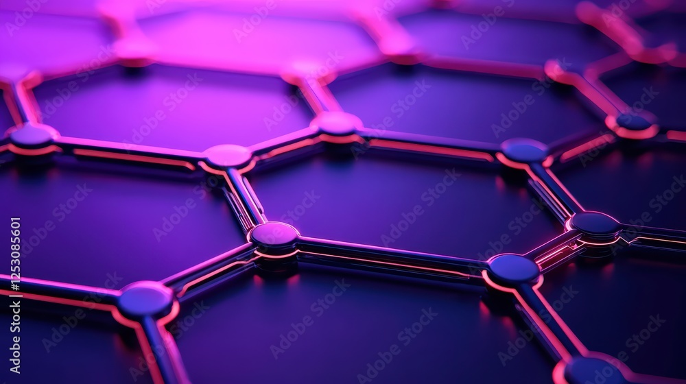 Poster futuristic hexagonal patterns with neon glow in dark background