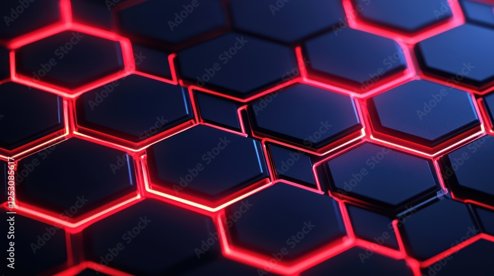 Poster abstract hexagonal pattern with red neon glow on dark background
