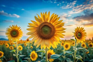 Fototapeta premium Minimalist Wild Sunflowers Pale Blue Sky Summer Meadow Landscape Photography