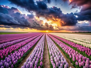 Obraz premium Dutch hyacinth fields bloom in vibrant purple, pink, and white under a cloudy spring sky.