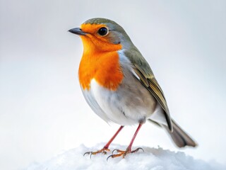 Elegant European Robin, studio portrait.  Pure white backdrop highlights its avian style.