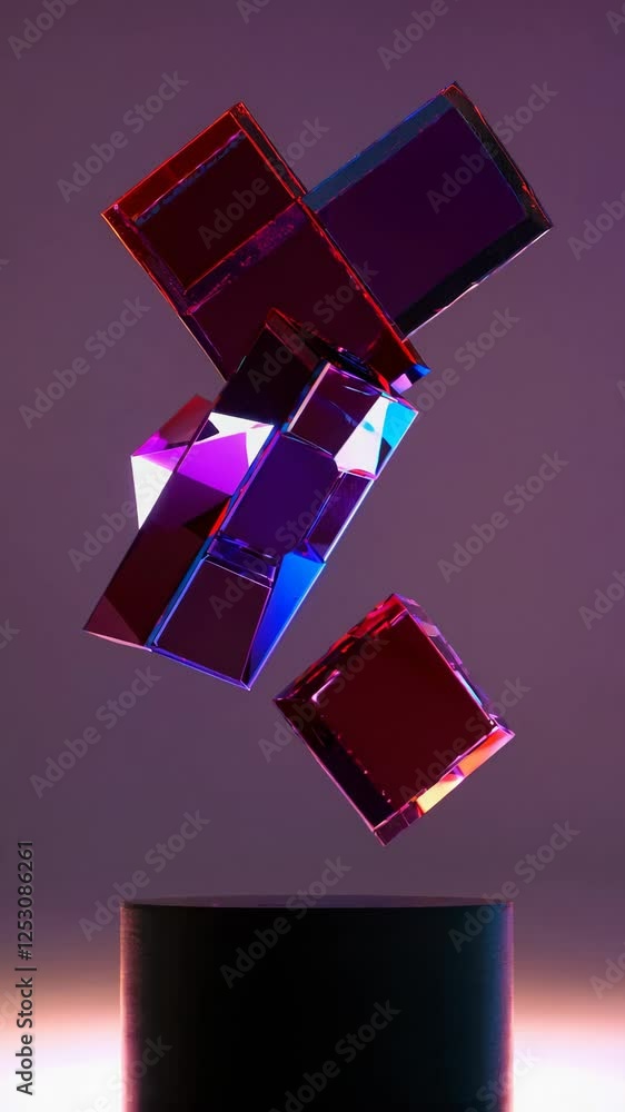 Poster glass cubes levitating, rotating dynamically over black pedestal with color gradient, highlighting g