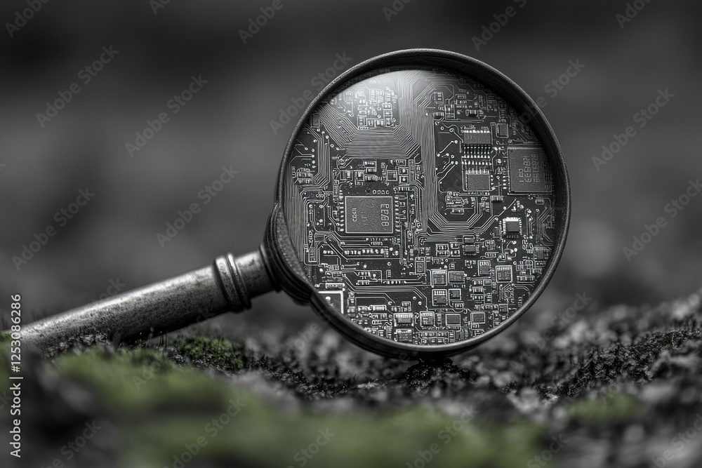 Poster a magnifying glass reveals the intricate circuitry of a microchip, symbolizing technological depth a