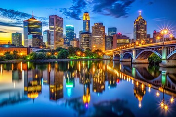Minneapolis Night Skyline River Reflection - Stunning Cityscape Panorama