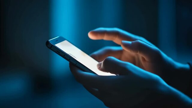 Point finger on screen phone closeup, person testing test message, touch blue screen on smartphone. Night Bokeh Light. Close-UP. Person using in hands mobile phone close up in the dark. Online wi-fi