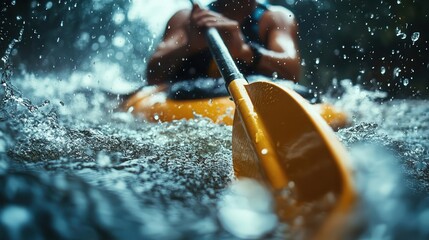 River rafting adventure, close-up of paddle slicing through the water, rushing river