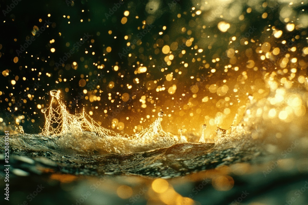 Poster golden water droplets splashing, creating a magical, sparkling effect.