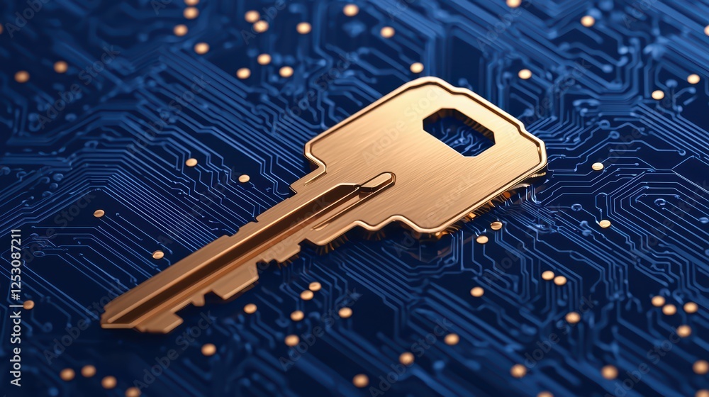 Poster golden key on circuit board background reflecting digital security themes