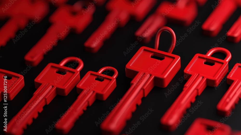 Poster red keys arranged in patterns on black background for security themes