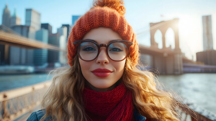 Casual Fashion Selfie in Front of Brooklyn Bridge