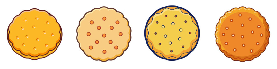 Illustrations of Cookie Biscuits with Different Toppings - A set of illustrations showing cookie biscuits with various toppings, like chocolate chips, perfect for sweet treats or desserts.


