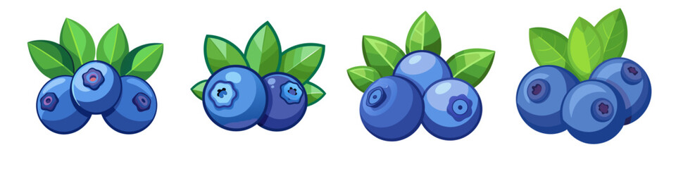 Illustrations of Fresh Blueberries with Leaves - A set of colorful illustrations depicting fresh blueberries with vibrant green leaves, perfect for fruit or healthy food content.

